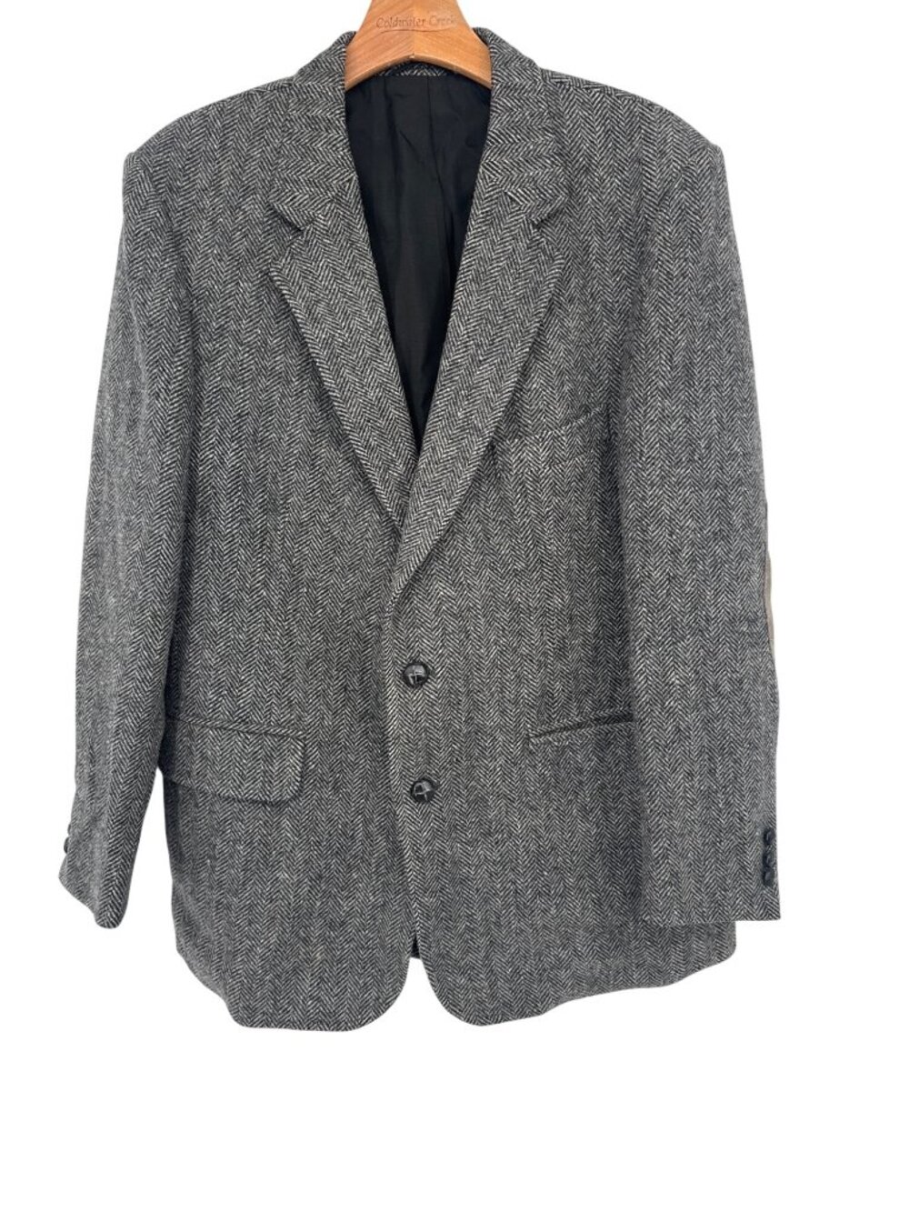 Woodmere Mens Grey Herringbone Wool Blazer  Suede Elbow Patches Size 42s